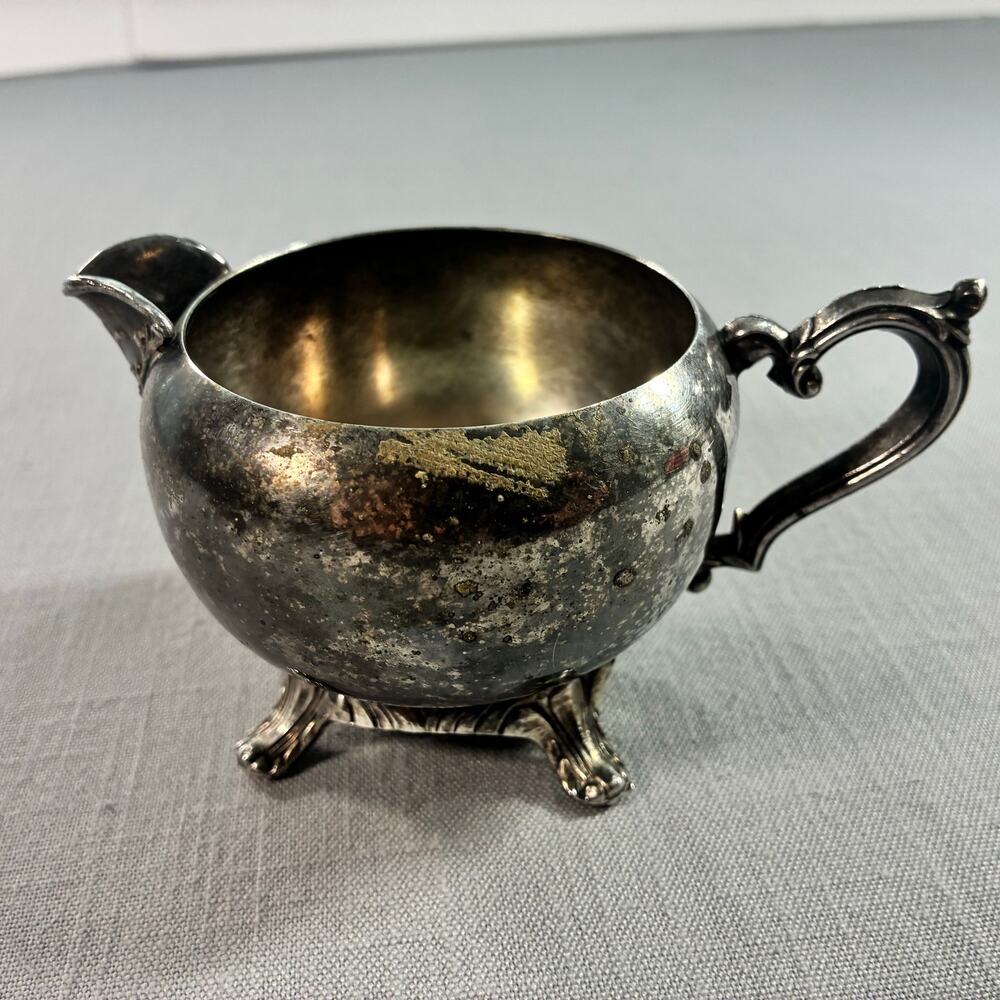Vintage Silver Plated Creamer & Open Sugar Bowl Footed Scroll Handle Set